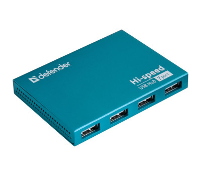 Концентратор USB 2.0 Defender Septima Slim, Cyan, 7xUSB 2.0, внешний БП (83505)