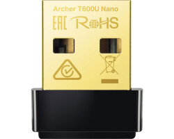 Сетевая карта USB TP-Link Archer T600U Nano, Black, 5GHz /  2.4GHz, AC600 (433/ 200 Мбит/ с), USB 2.0, 