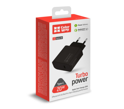 Сетевое зарядное устройство ColorWay, Black, 1xUSB, 3A, USB Type-C, 20W (CW-CHS026PD-BK)