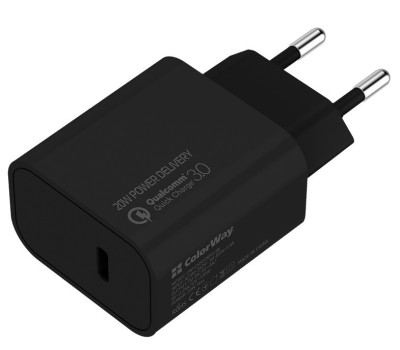 Сетевое зарядное устройство ColorWay, Black, 1xUSB, 3A, USB Type-C, 20W (CW-CHS026PD-BK)