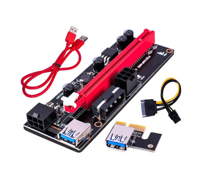Райзер VER009S PCI-E x1 to 16x, кабель 60cm USB 3.0 Red, кабель SATA to 6Pin Райзер VER009S PCI-E x1 to 16x, кабель 60cm USB 3.0 Red, кабель SATA to 6Pin