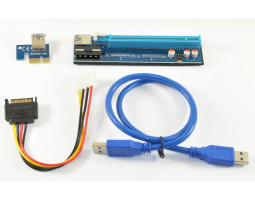 Райзер PCI-EX, x1=>x16, 4-pin MOLEX, SATA=>4Pin, USB 3.0 AM-AM 0,6 м (синий), конденсаторы PS 100 Райзер PCI-EX, x1=>x16, 4-pin MOLEX, SATA=>4Pin, USB 3.0 AM-AM 0,6 м (синий), конденсаторы PS 100