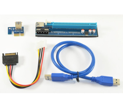 Райзер PCI-EX, x1=>x16, 4-pin MOLEX, SATA=>4Pin, USB 3.0 AM-AM 0,6 м (синий), конденсаторы PS 100 Райзер PCI-EX, x1=>x16, 4-pin MOLEX, SATA=>4Pin, USB 3.0 AM-AM 0,6 м (синий), конденсаторы PS 100