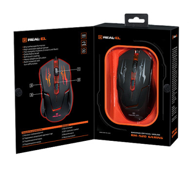 Мышь REAL-EL RM-520 Gaming, Black, USB, оптическая, 800/ 1200/ 1600/ 2400 dpi, 5 кнопок, LED подсветка Мышь REAL-EL RM-520 Gaming, Black, USB, оптическая, 800/ 1200/ 1600/ 2400 dpi, 5 кнопок, LED подсветка