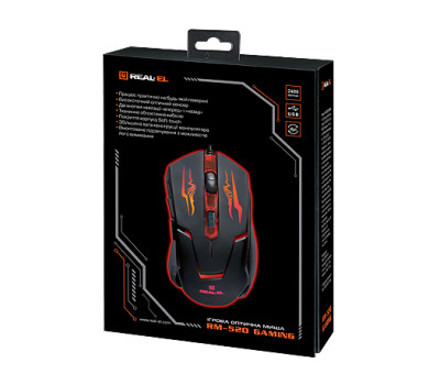 Мышь REAL-EL RM-520 Gaming, Black, USB, оптическая, 800/ 1200/ 1600/ 2400 dpi, 5 кнопок, LED подсветка Мышь REAL-EL RM-520 Gaming, Black, USB, оптическая, 800/ 1200/ 1600/ 2400 dpi, 5 кнопок, LED подсветка