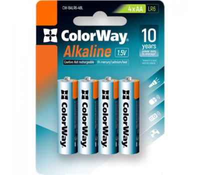 Батарейка AA (LR6), щелочная, ColorWay Alkaline Power, 1.5V, Blister (CW-BALR06-4BL)