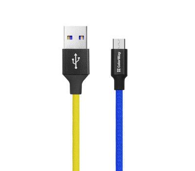 Кабель USB 2.0 - 1.0m AM/ microUSB, ColorWay Yellow/ Blue, National, 2.4A
