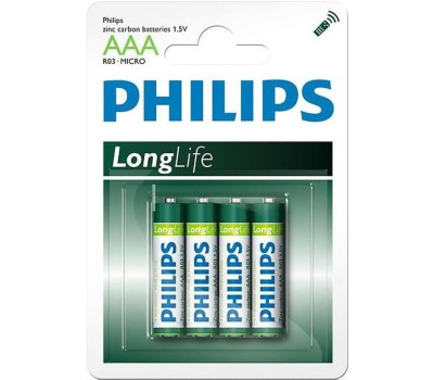 Батарейка R03 (AAA) Philips LongLife, солевая, 1 шт, 1.5V, Blister (R03L4B/ 10) Батарейка R03 (AAA) Philips LongLife, солевая, 1 шт, 1.5V, Blister (R03L4B/ 10)