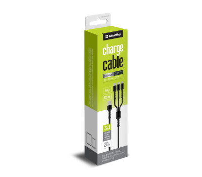 Кабель USB > Lightning + microUSB + Type-C , ColorWay, 1.0м, Black (CW-CBU3003-GR)