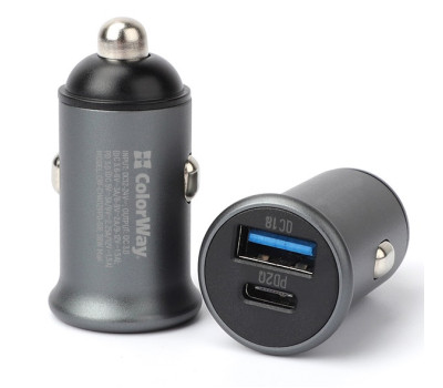 Автомобильное зарядное устройство  ColorWay, Black, 1xUSB/ QC3.0, 1xUSB-C/ PD, 3A (CW-CHA029PD-GR)