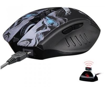 Мышь A4Tech R80 Plus Skul Black, Laser, Wireless+USB, 4000 cpi, Bloody, metal feet, подсветка