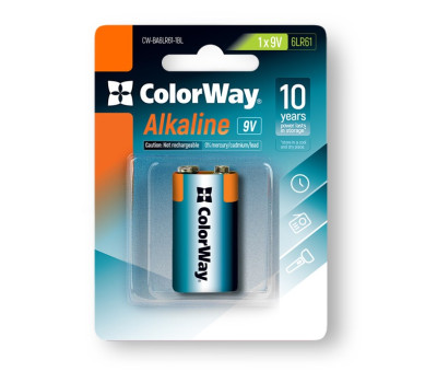 Батарейка 6LR61 (Крона) щелочная, ColorWay, 1 шт, 9V, Blister (CW-BA6LR61-1BL)