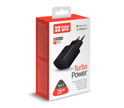 Сетевое зарядное устройство ColorWay, Black, 1xUSB-C, 3A, 25W (CW-CHS033PD-BK)
