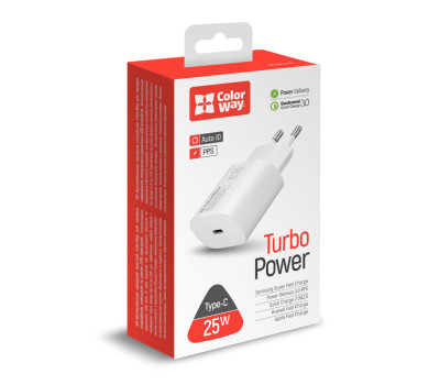Сетевое зарядное устройство ColorWay, White, 1xUSB Type-C, 3A, 25W (CW-CHS033PD-WT)