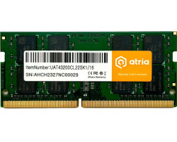 Пам`ять SO-DIMM, DDR4, 16Gb, 3200 MHz, Atria, 1.2V, CL22 (UAT43200CL22SK1/ 16)