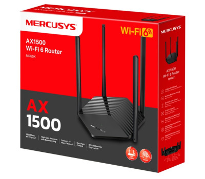 Роутер Mercusys MR60X Wi-Fi 802.11ax, 1775Mb, 3 LAN 10/ 100/ 1000Mb, підтримка MU-MIMO/ MIMO Роутер Mercusys MR60X Wi-Fi 802.11ax, 1775Mb, 3 LAN 10/ 100/ 1000Mb, підтримка MU-MIMO/ MIMO