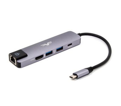 Концентратор USB Type-C Frime FH-5in1.311HL Space Grey, Type-C -> USB3.0, USB2.0, PD, HDMI, RJ45(Gig