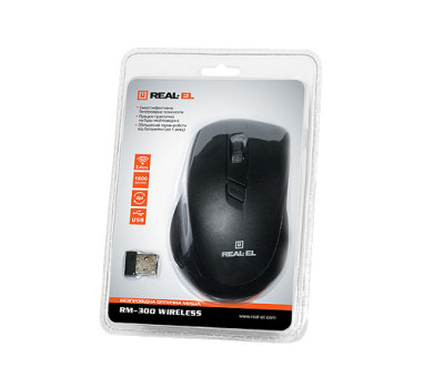 Миша REAL-EL RM-300 Wireless, Black, USB, оптична, 800/ 1200/ 1600 dpi, 4 кнопки, 1xAA Миша REAL-EL RM-300 Wireless, Black, USB, оптична, 800/ 1200/ 1600 dpi, 4 кнопки, 1xAA