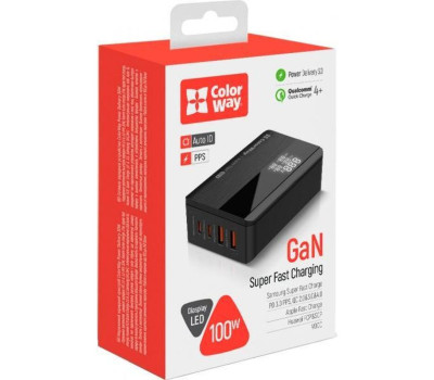 Сетевое зарядное устройство ColorWay Power Delivery GaN, Black, 100 Вт, 2xType-C (CW-CHS041PD-BK) Сетевое зарядное устройство ColorWay Power Delivery GaN, Black, 100 Вт, 2xType-C (CW-CHS041PD-BK)