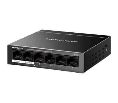 Комутатор Mercusys MS106LP, Black, LAN 10/ 100/ 1000Mb, 4 порти PoE+