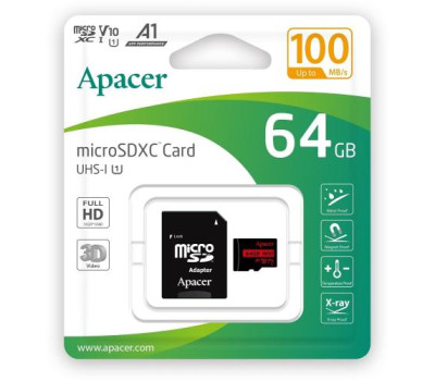 Карта пам`яті microSDXC, 64Gb, Apacer R100, Class10 UHS-I U1 V10 A1, SD адаптер, (AP64GMCSX10UB-R)