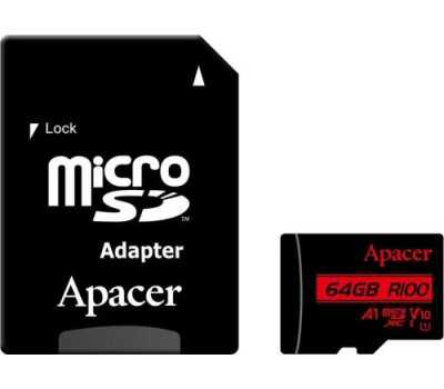 Карта пам`яті microSDXC, 64Gb, Apacer R100, Class10 UHS-I U1 V10 A1, SD адаптер, (AP64GMCSX10UB-R)
