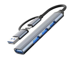 Концентратор Type-C /  USB, Dynamode, Dark Grey, 4 порти:: 1xUSB 3.0, 3xUSB 2.0, металевий корпус (DM-