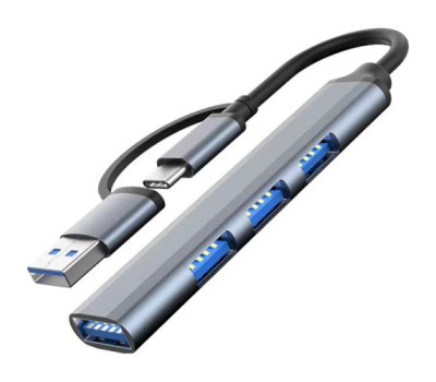 Концентратор Type-C /  USB, Dynamode, Dark Grey, 4 порти:: 1xUSB 3.0, 3xUSB 2.0, металевий корпус (DM-