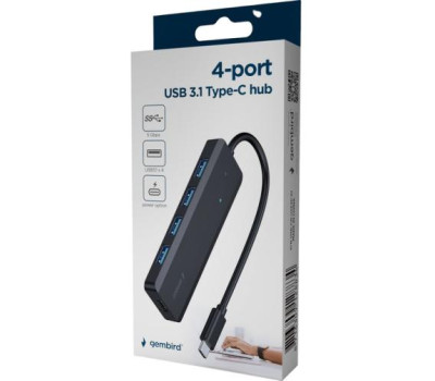 Концентратор Type-C Gembird UHB-CM-U3P4P-01, Black, 4 порти USB 3.1,USB-C, USB-C PD, пластик