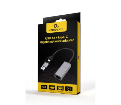 Мережевий адаптер USB 3.1 / Type-C - Ethernet, 10/ 1000 Мбіт/ с, Grey, Cablexpert (A-USB3AC-LAN-01) Мережевий адаптер USB 3.1 / Type-C - Ethernet, 10/ 1000 Мбіт/ с, Grey, Cablexpert (A-USB3AC-LAN-01)