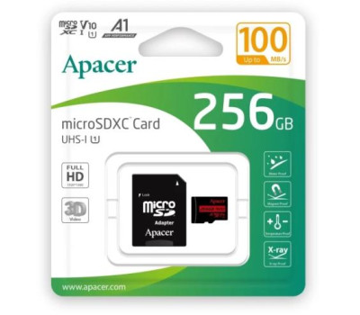Карта пам`яті microSDXC, 256Gb, Apacer, Class10 UHS-I U1 V10 A1, SD адаптер, (AP256GMCSX10UB-R)