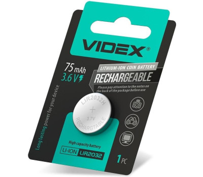Аккумулятор LIR2032, Videx, 1 шт, 3.6V, 75mAh, Blister