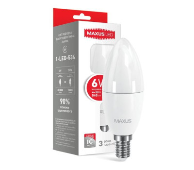 Лампа Maxus LED C37 CL-F 6W (50Вт), 4100K (яркий свет), 220V, цоколь E14, 1-LED-534-02
