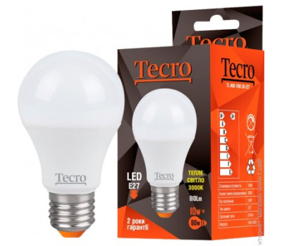 Лампа Tecro LED, E27, 10W (аналог 80W), 3000K (мягкий свет), 810Лм, освещ. 240?, (TL-A60-10W-3K-E27) Лампа Tecro LED, E27, 10W (аналог 80W), 3000K (мягкий свет), 810Лм, освещ. 240?, (TL-A60-10W-3K-E27)