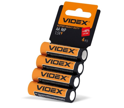 Батарейка R6 (AA), Videx, солевая, 1.5V, Shrink Card (R6P/ AA 4pcs)										