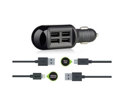 Автомобильное зарядное устройство Melkin, Black, 4 x USB, 2 x кабеля iPhone и microUSB (M8Z635)					