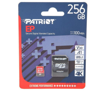 Карта памяти microSDHC, 256Gb, Class10 UHS-1, Patriot EP V30, R100MB/ s, SD адаптер, PEF256GEP31MCX Карта памяти microSDHC, 256Gb, Class10 UHS-1, Patriot EP V30, R100MB/ s, SD адаптер, PEF256GEP31MCX